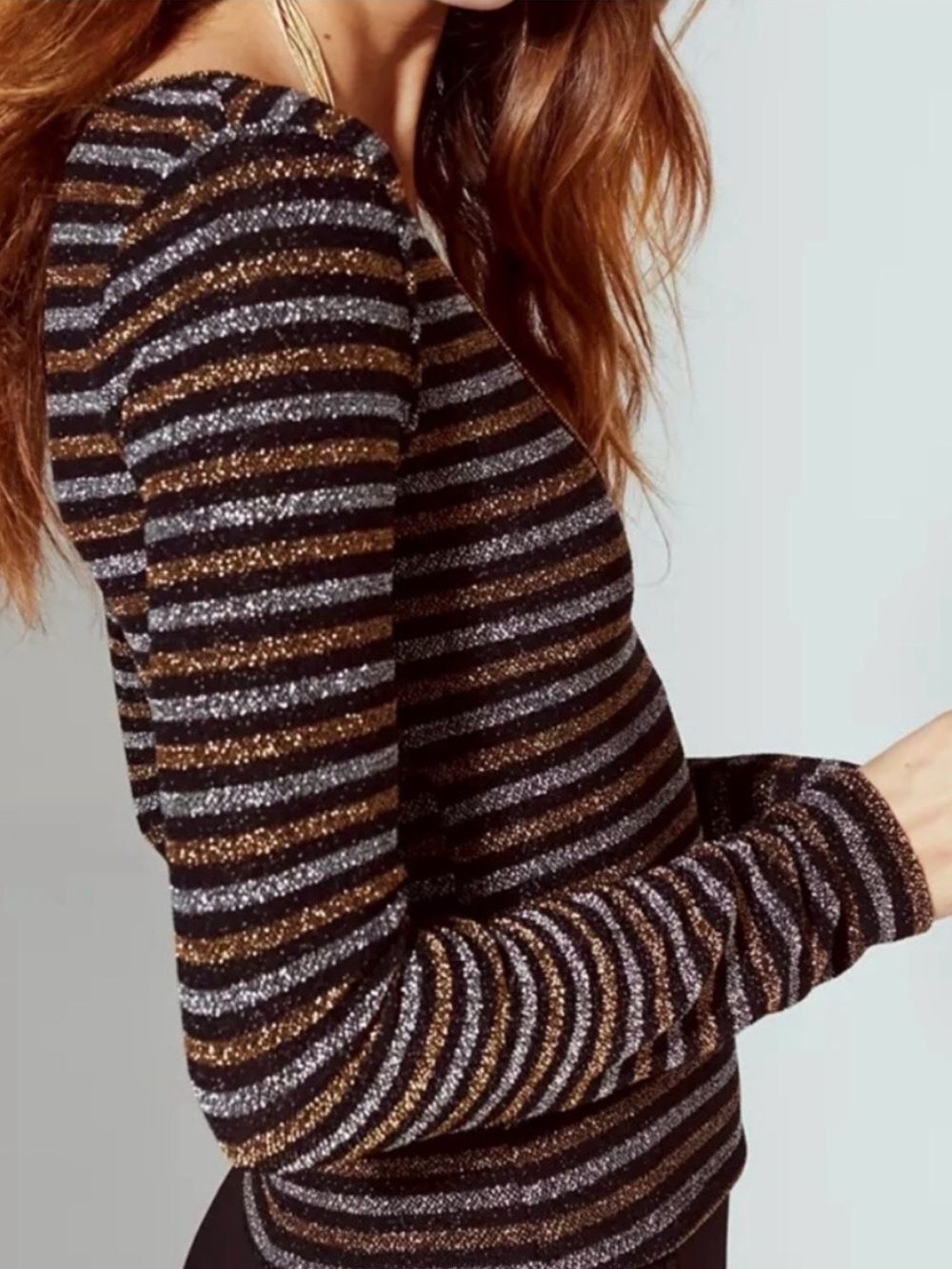 Urban Outfitters Black Striped Metallic Faux Wrap long sleeves Top size medium